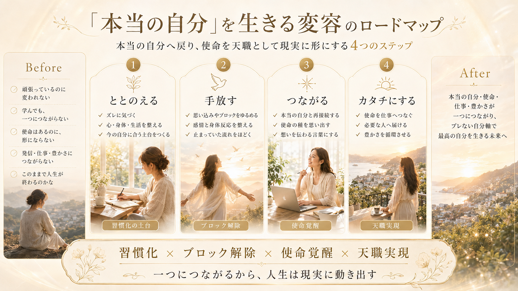 変容の4ステップ全体マップ：ととのえる×手放す×つながる×カタチにする
